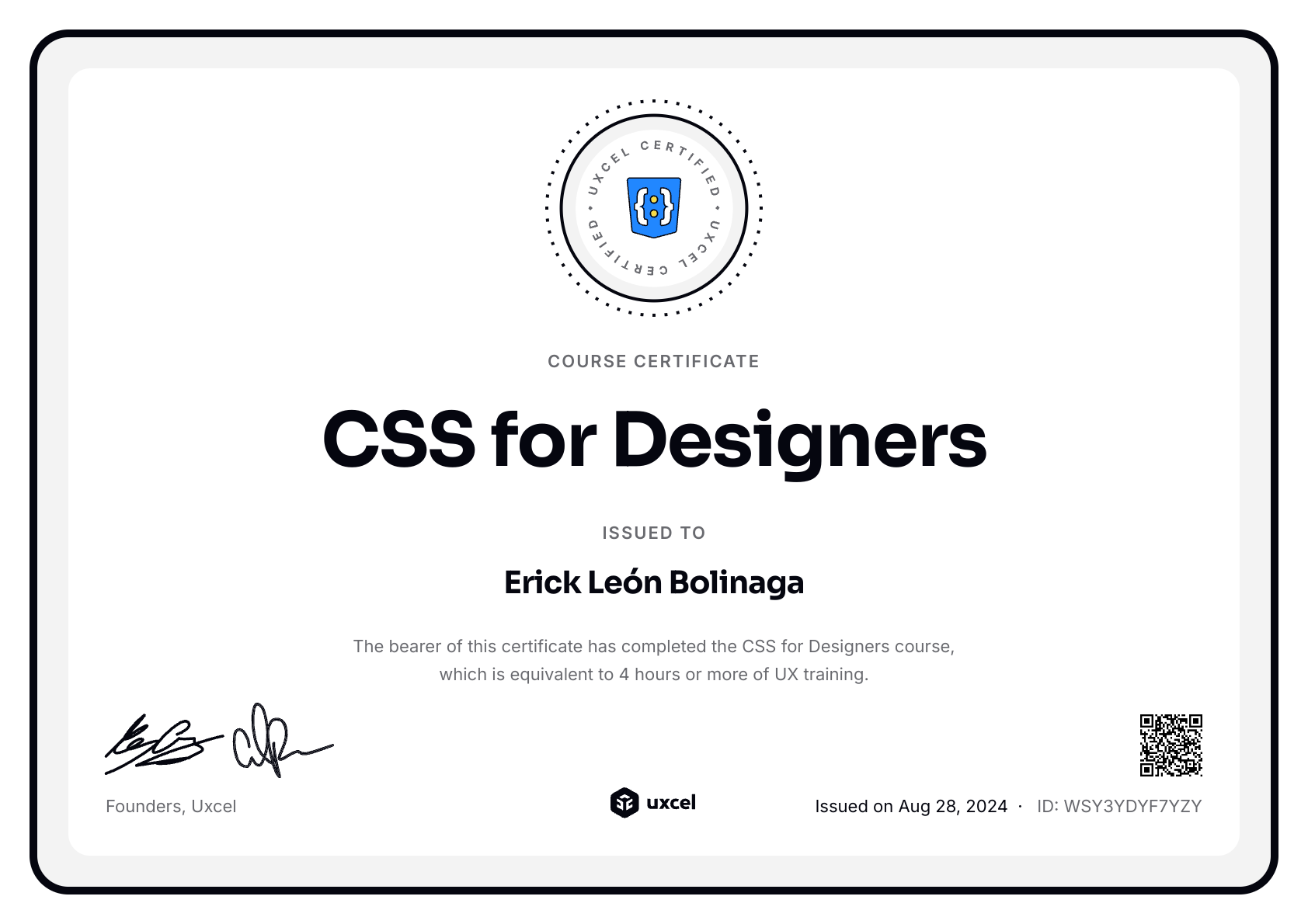 Erick León Bolinaga's certificate